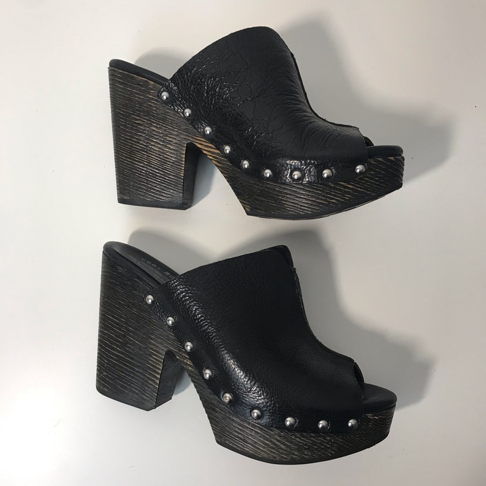 Kork-Ease Black Leather Studded Open-Toe Platform Mule